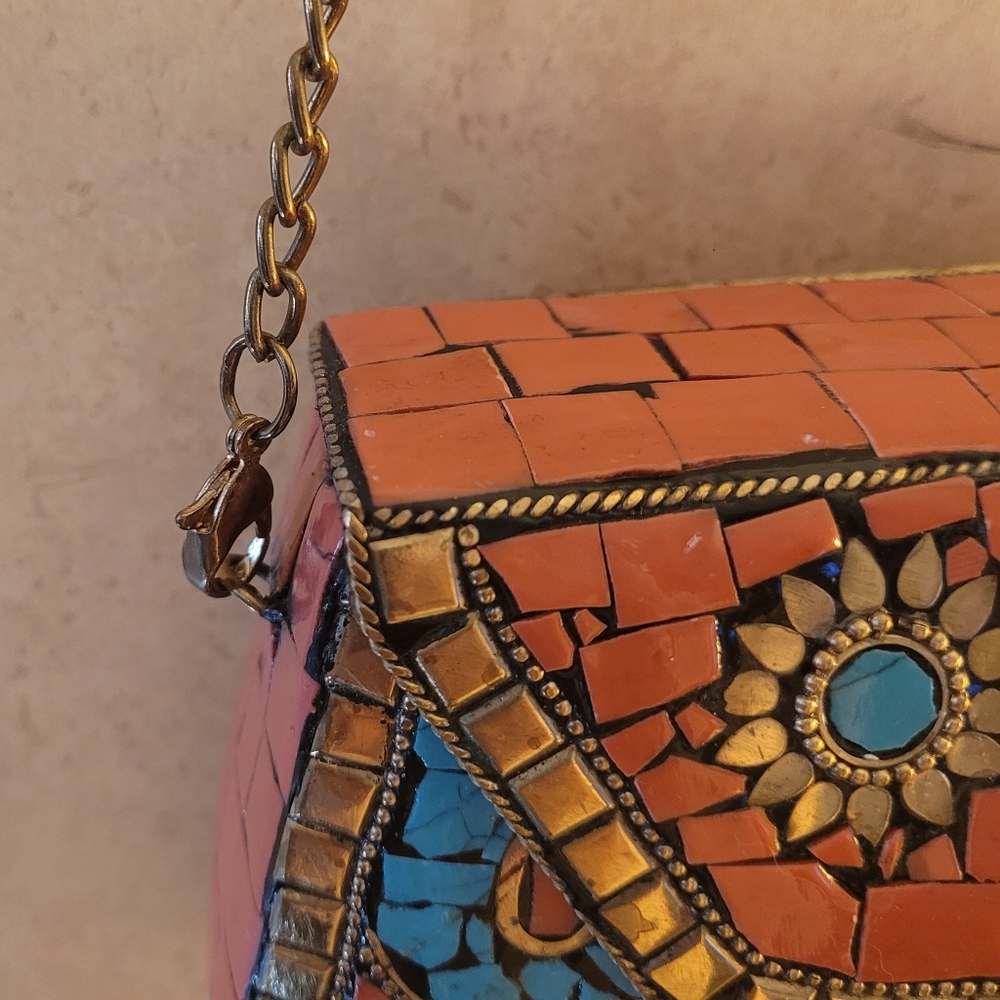 ANTIK KRAFT-iron, clay, and shell Orange and Blue Patterned Women's Bag - Picture 4 of 6